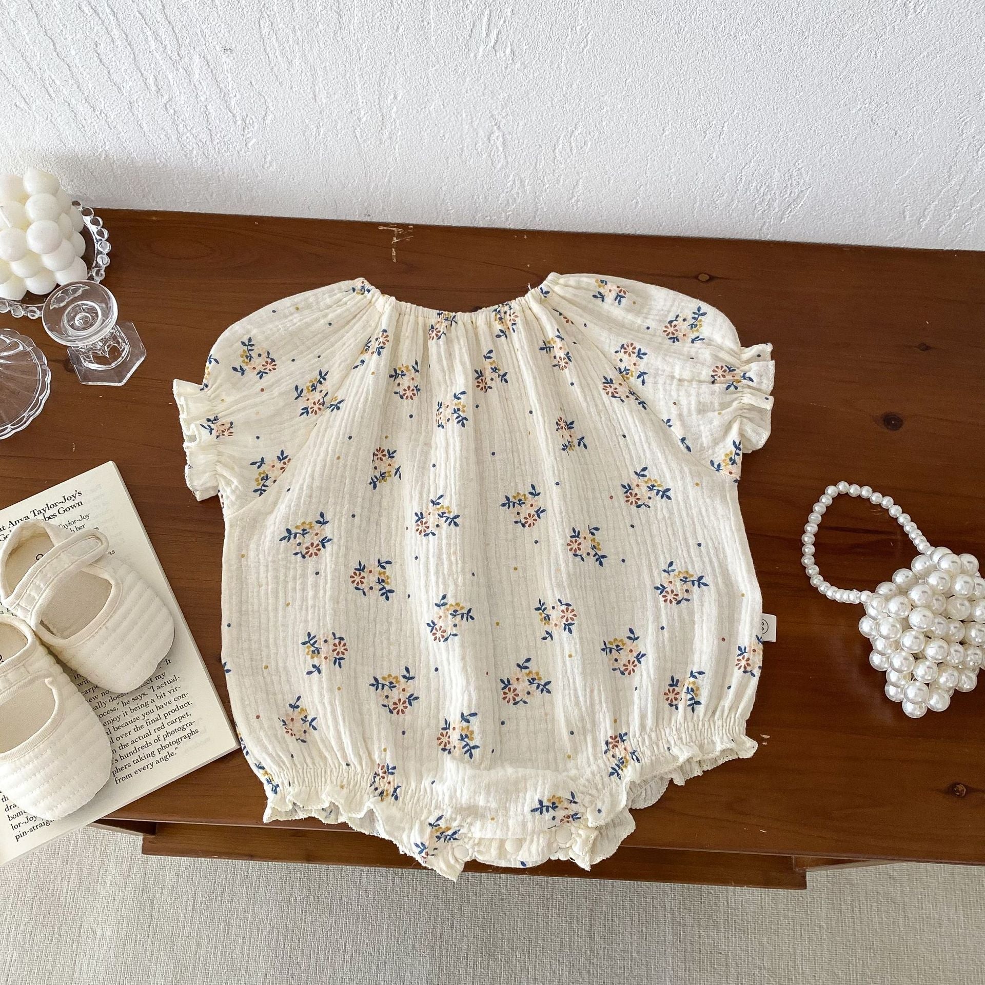 Summer Hot Selling Baby Kids Girls Short Sleeves Crew Neck Thin Cotton Double-Layer Gauze Floral Printed Onesies