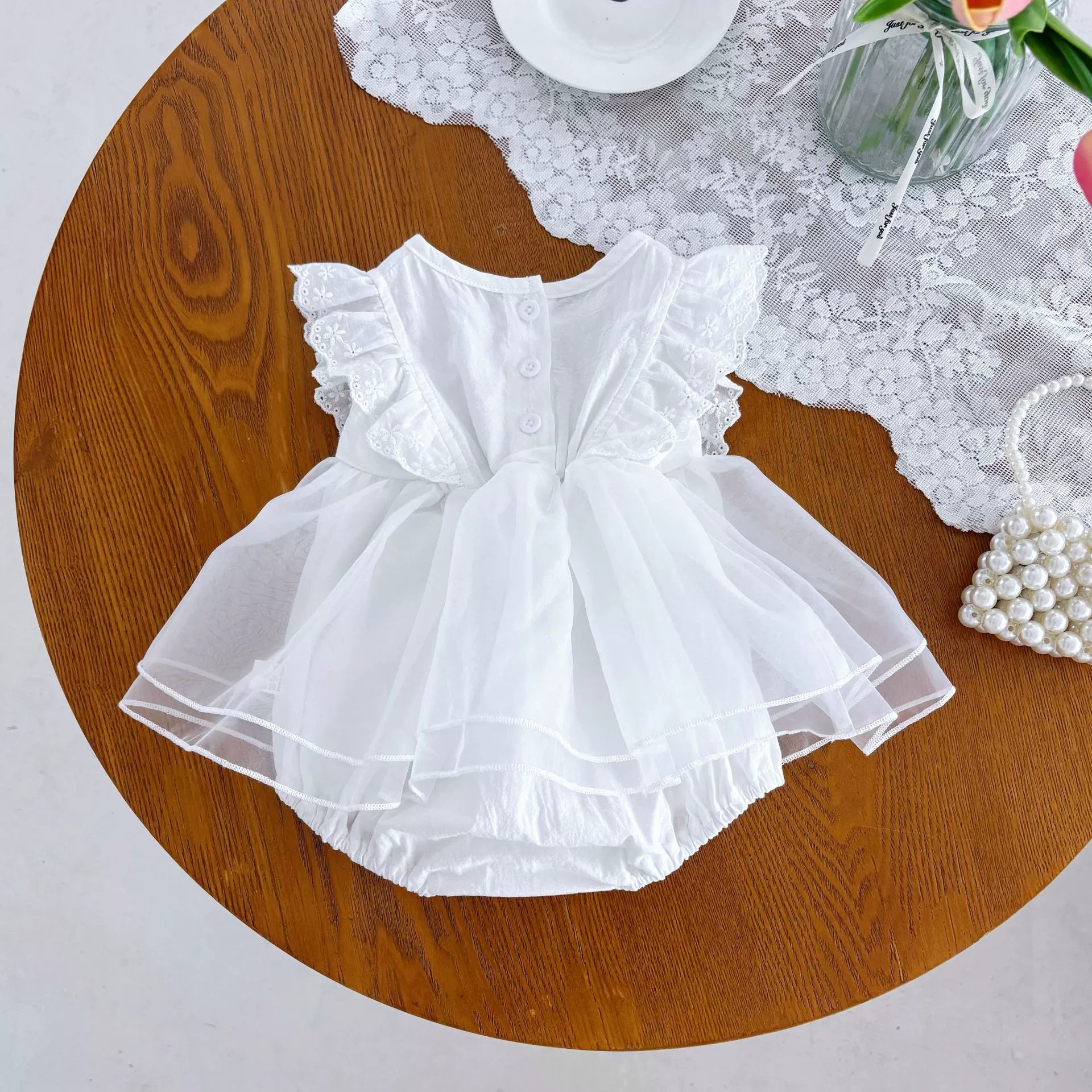 Summer Arrival Baby Girls Fly Sleeves Tulle Patchwork Lace Decorated Onesies
