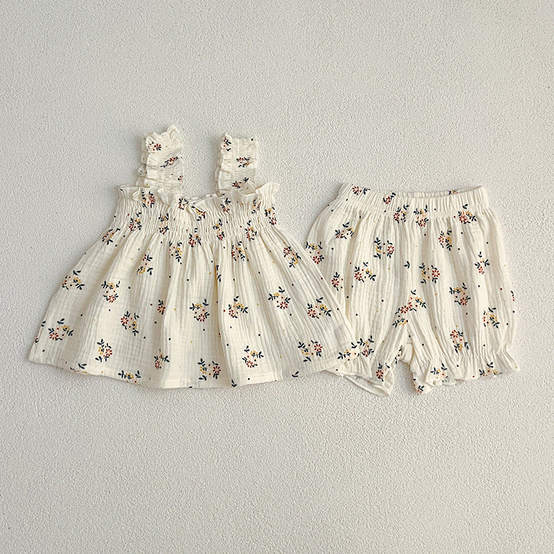 Summer Hot Selling Baby Girls Sleeveless Floral Pattern Strap Top Dress And Shorts Clothing Set