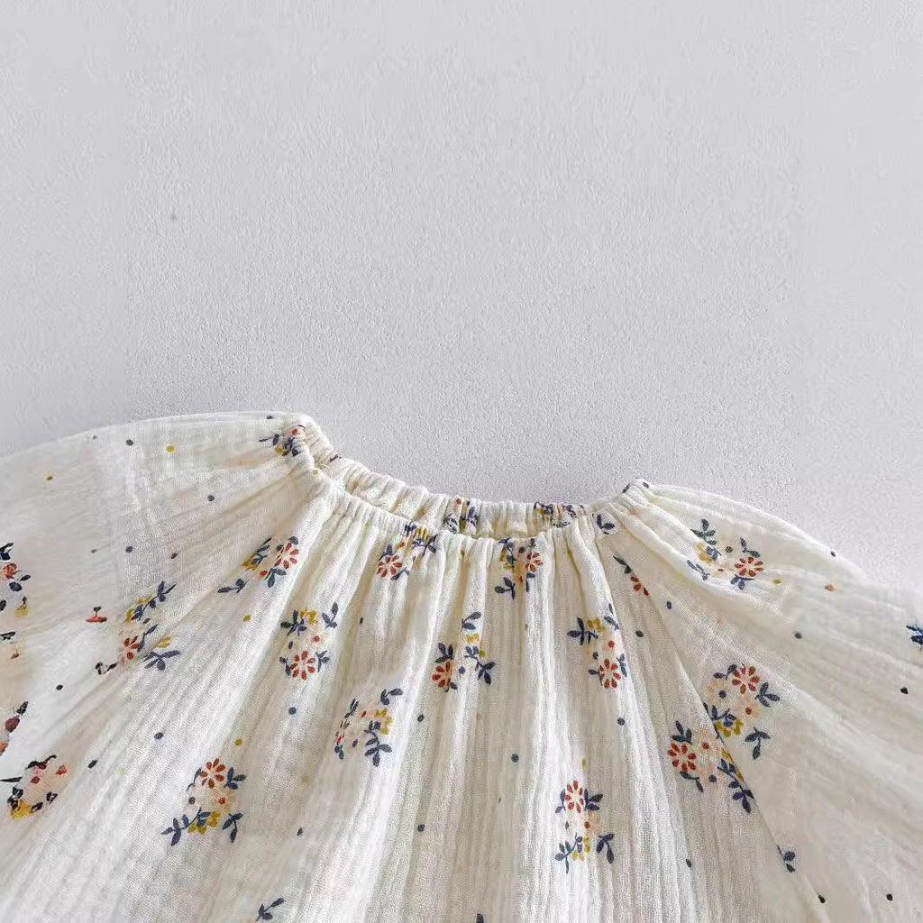 Summer Hot Selling Baby Kids Girls Short Sleeves Crew Neck Thin Cotton Double-Layer Gauze Floral Printed Onesies