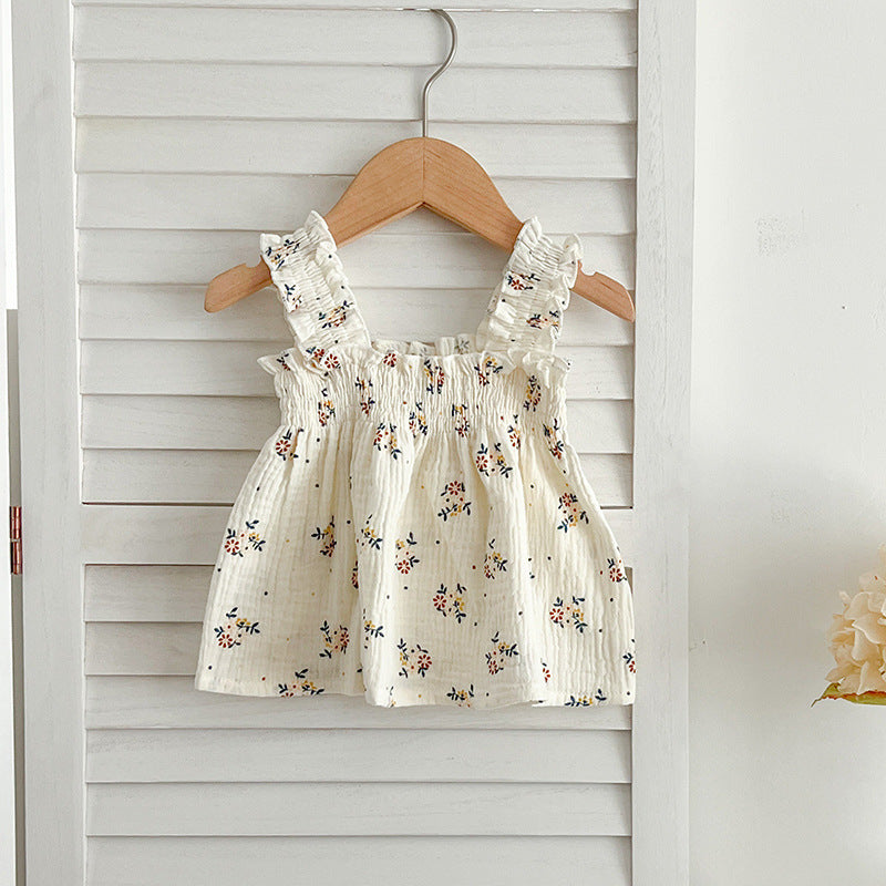 Summer Hot Selling Baby Girls Sleeveless Floral Pattern Strap Top Dress And Shorts Clothing Set