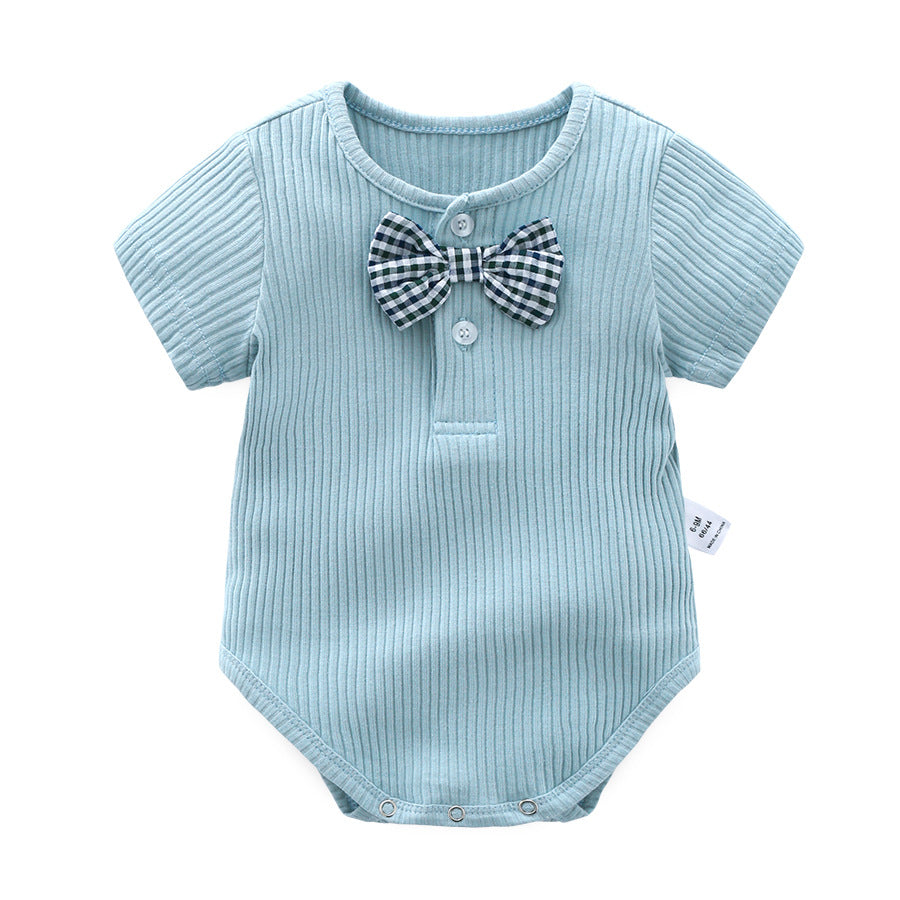 Baby Boy And Girl Solid Color Bow Tie Design Short Sleeve Buttoned Onesies