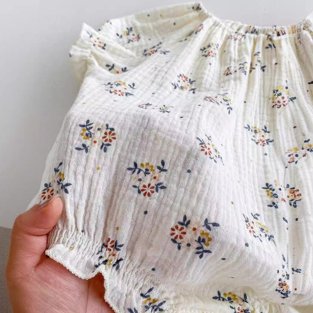 Summer Hot Selling Baby Kids Girls Short Sleeves Crew Neck Thin Cotton Double-Layer Gauze Floral Printed Onesies