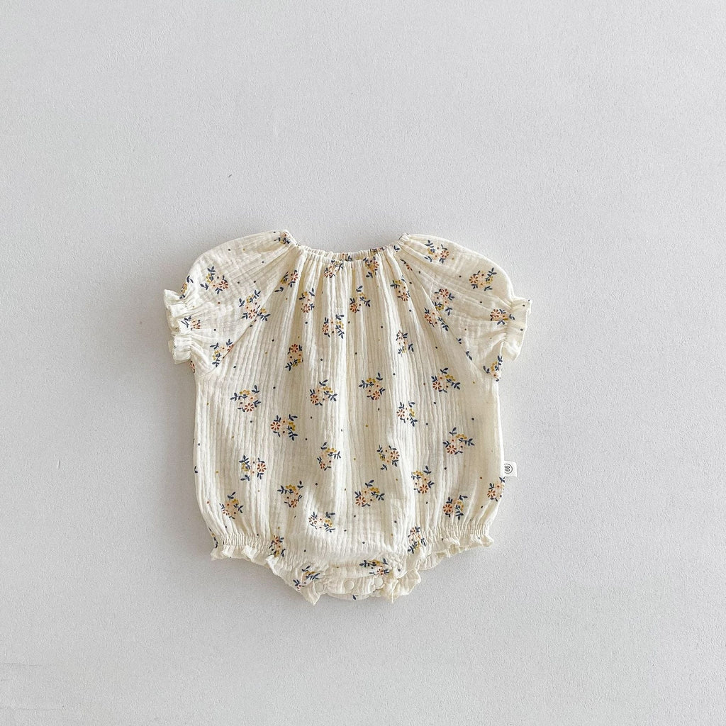 Summer Hot Selling Baby Kids Girls Short Sleeves Crew Neck Thin Cotton Double-Layer Gauze Floral Printed Onesies