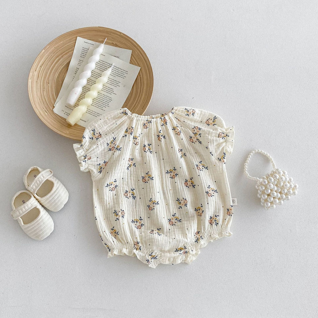 Summer Hot Selling Baby Kids Girls Short Sleeves Crew Neck Thin Cotton Double-Layer Gauze Floral Printed Onesies