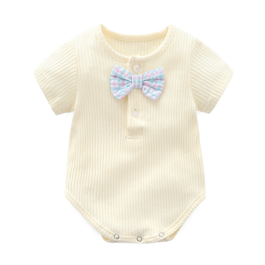 Baby Boy And Girl Solid Color Bow Tie Design Short Sleeve Buttoned Onesies