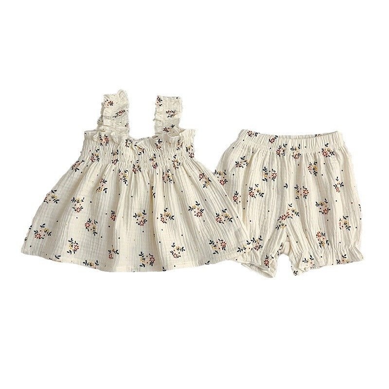Summer Hot Selling Baby Girls Sleeveless Floral Pattern Strap Top Dress And Shorts Clothing Set