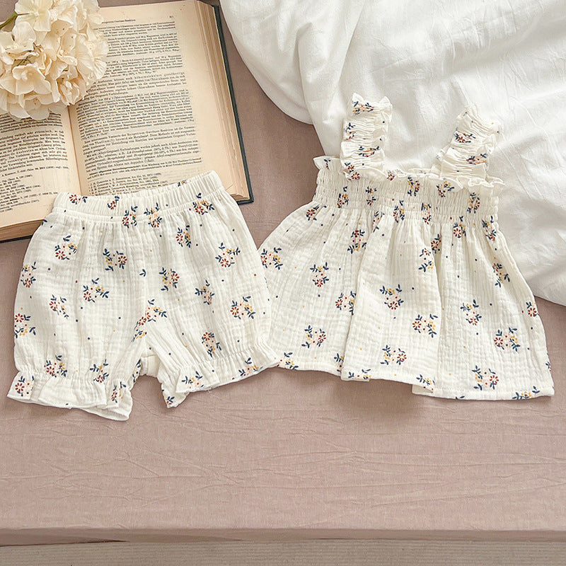 Summer Hot Selling Baby Girls Sleeveless Floral Pattern Strap Top Dress And Shorts Clothing Set