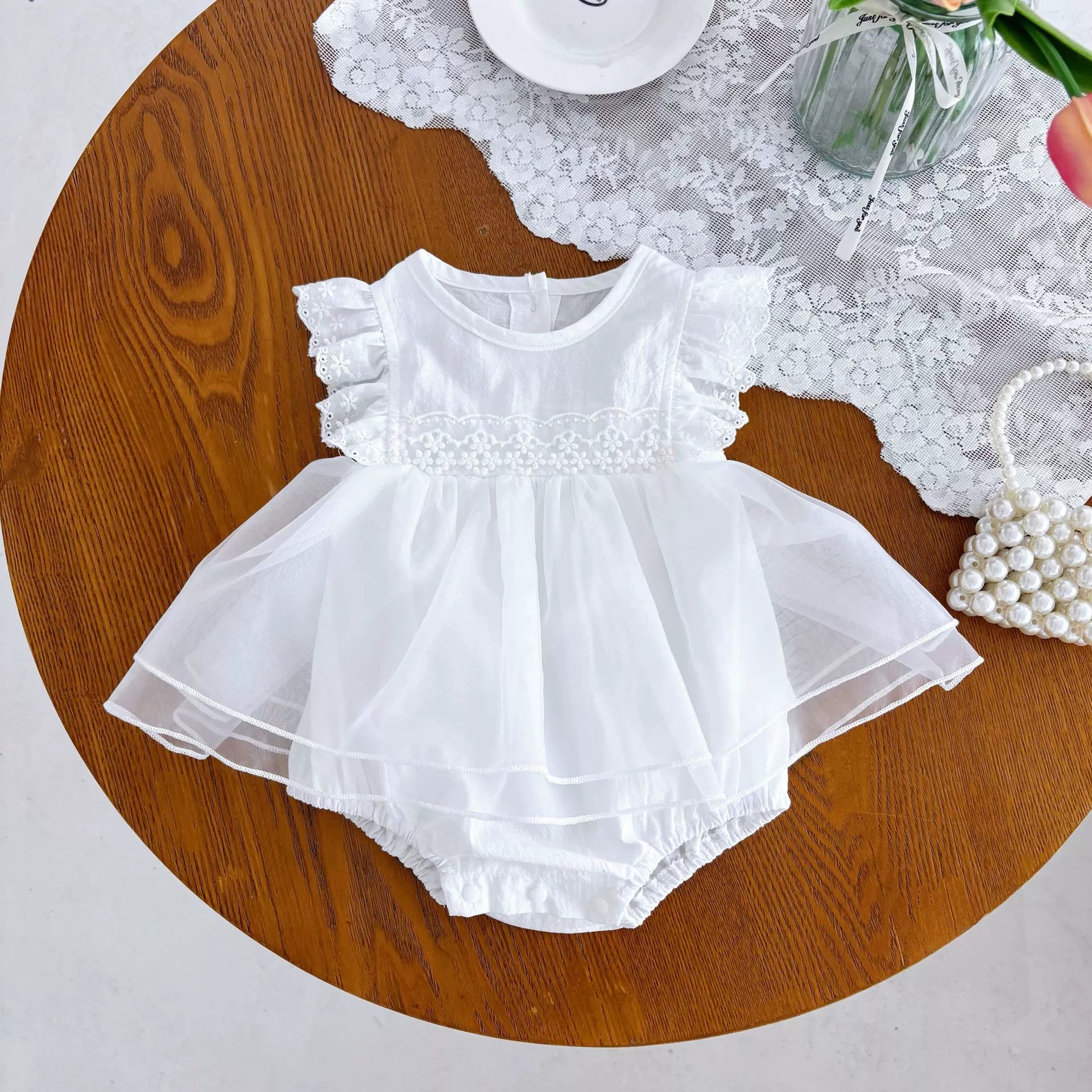Summer Arrival Baby Girls Fly Sleeves Tulle Patchwork Lace Decorated Onesies